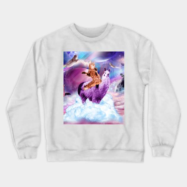 Kitty Cat Riding On Rainbow Llama In Space Crewneck Sweatshirt by Random Galaxy